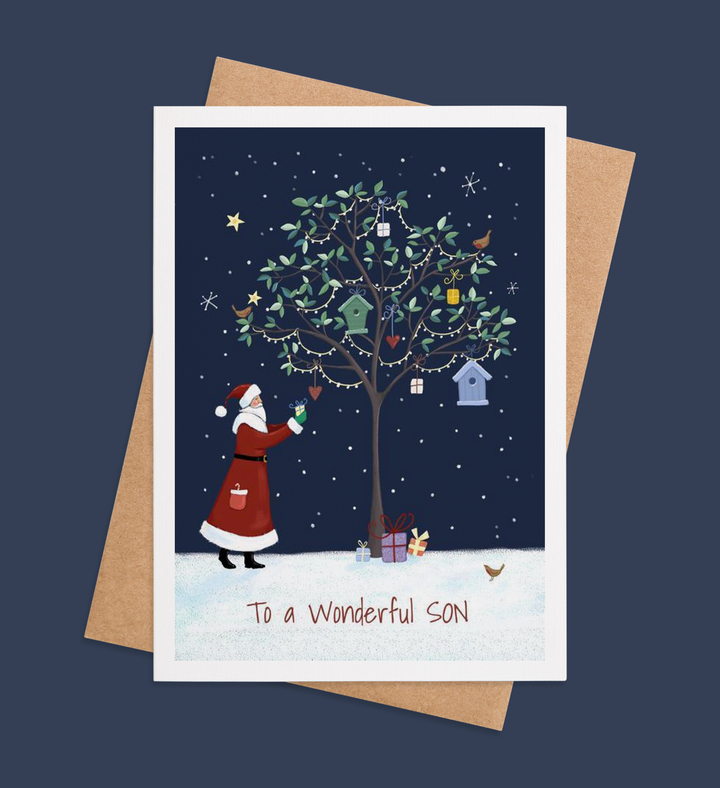 Santa's Heartfelt Tree for Son Greeting Card Image